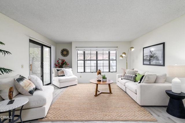 living room featuring a wealth of natural light, a textured ceiling, and light wood-type flooring