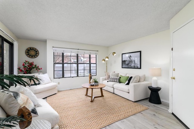 living room featuring a textured ceiling and light wood-type flooring