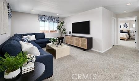 living room featuring light carpet