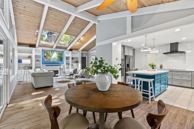 dining space featuring wood ceiling, a skylight, high vaulted ceiling, beamed ceiling, and light hardwood / wood-style floors