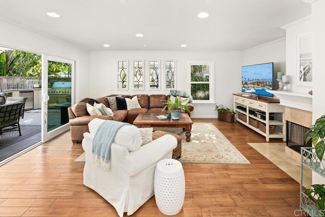 living room with light hardwood / wood-style flooring, ornamental molding, and a premium fireplace