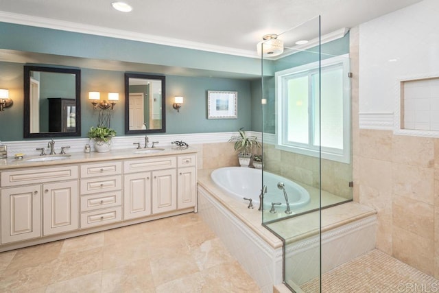 bathroom with crown molding, shower with separate bathtub, tile walls, and vanity