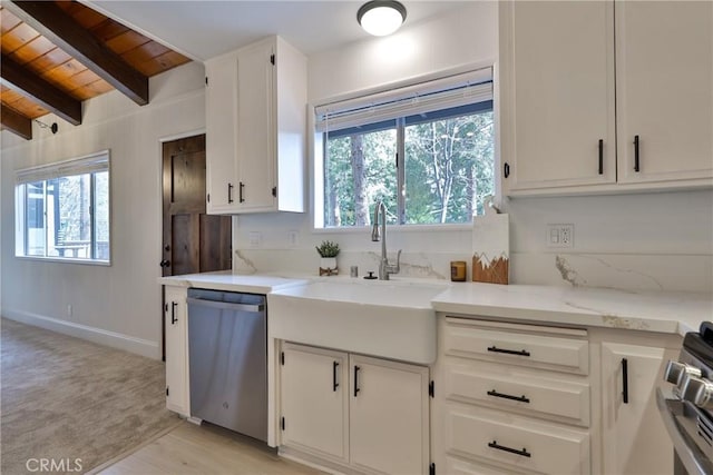 kitchen with sink, white cabinets, stainless steel appliances, wooden ceiling, and beam ceiling