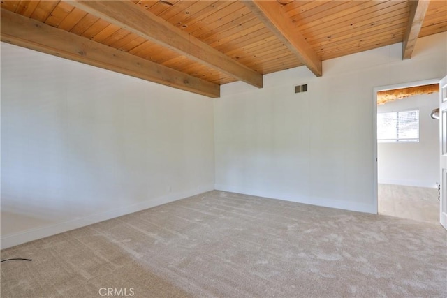 unfurnished room featuring beam ceiling, wood ceiling, and carpet