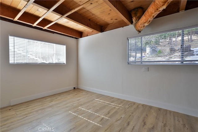 spare room with beamed ceiling, wood ceiling, and hardwood / wood-style floors