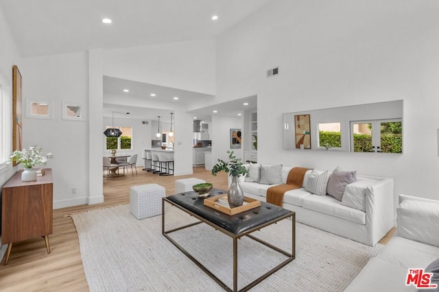 living room with high vaulted ceiling and light hardwood / wood-style flooring