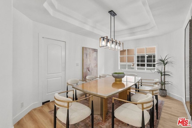 dining room with a tray ceiling and light hardwood / wood-style flooring