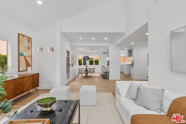 living room with high vaulted ceiling and light wood-type flooring