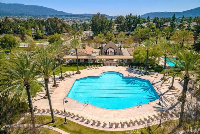 view of pool with a mountain view and a patio