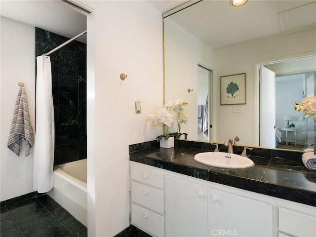 bathroom with vanity and shower / bath combination with curtain