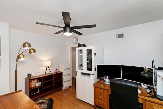 office area featuring light hardwood / wood-style floors and ceiling fan