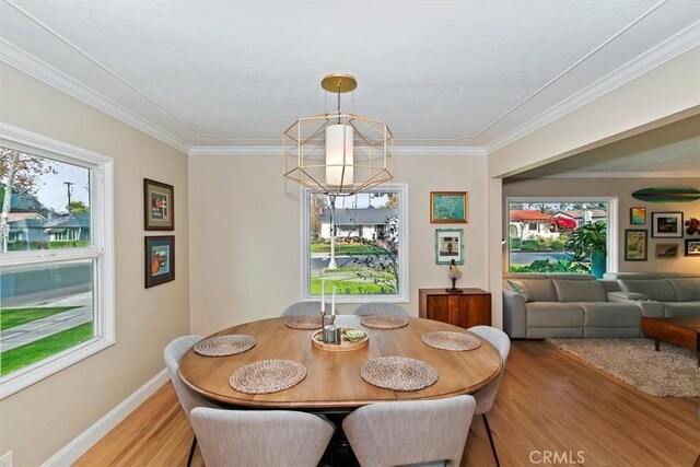 dining area with a healthy amount of sunlight, an inviting chandelier, and light hardwood / wood-style flooring