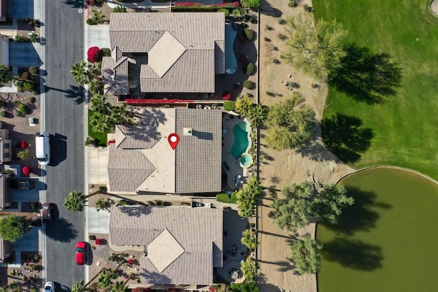 drone / aerial view featuring a water view