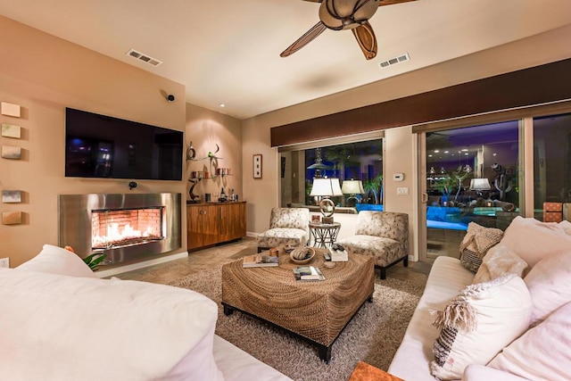 living room with ceiling fan