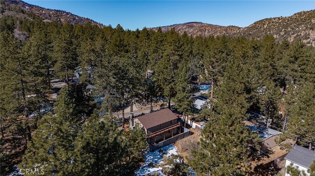 birds eye view of property with a wooded view and a mountain view