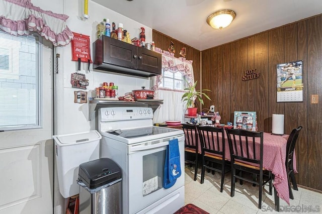 kitchen with dark brown cabinetry, electric range, and wooden walls