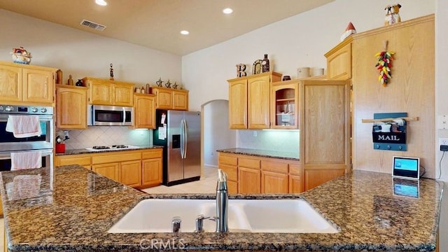 kitchen featuring sink, decorative backsplash, stainless steel appliances, and dark stone counters