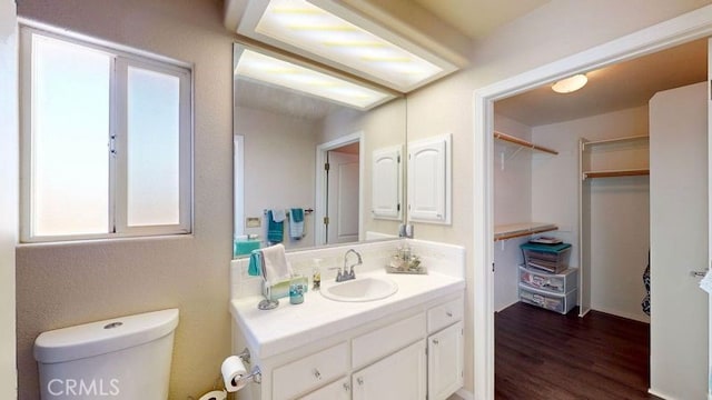 bathroom featuring vanity, wood-type flooring, and toilet