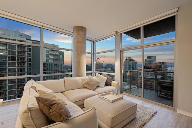 living room featuring expansive windows and light hardwood / wood-style flooring