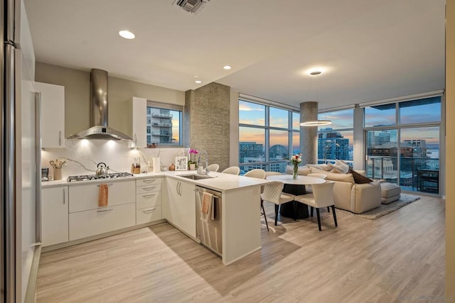 kitchen with white cabinetry, sink, kitchen peninsula, stainless steel appliances, and wall chimney exhaust hood