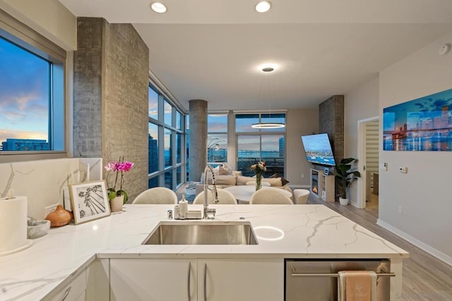 kitchen with sink, light stone counters, light hardwood / wood-style flooring, stainless steel dishwasher, and white cabinets