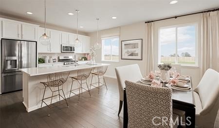 dining space featuring sink and dark wood-type flooring