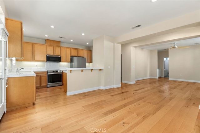 kitchen featuring sink, stainless steel appliances, ceiling fan, and light wood-type flooring