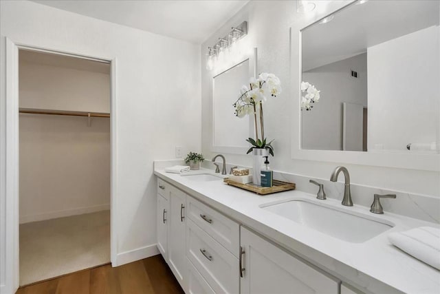 bathroom with vanity and wood-type flooring