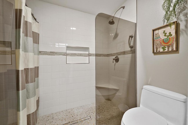 bathroom with a shower with curtain and toilet