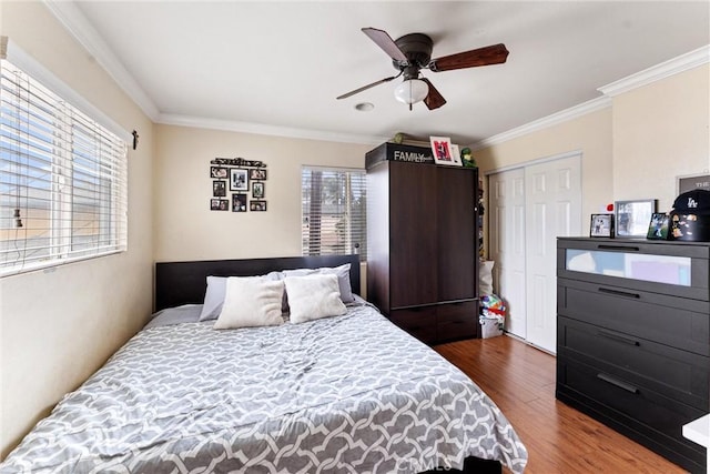 bedroom with multiple windows, ornamental molding, hardwood / wood-style floors, and a closet