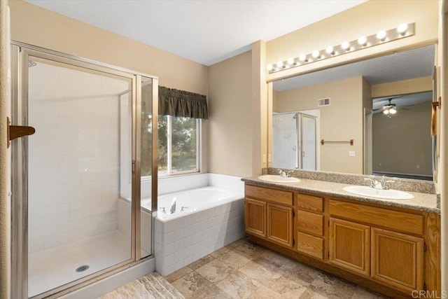 full bathroom with a garden tub, a shower stall, visible vents, and a sink