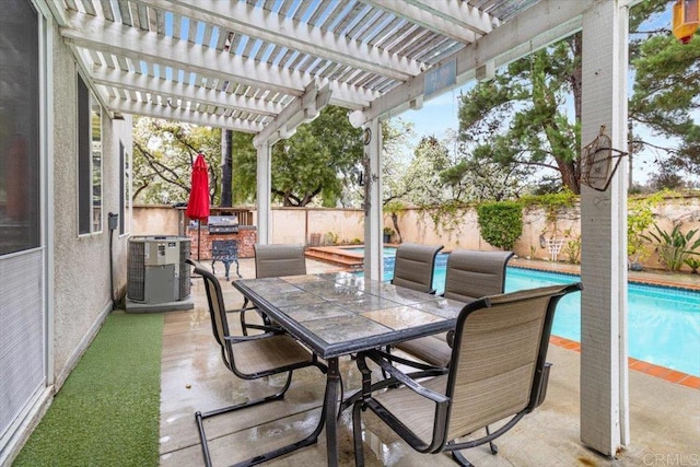 view of patio featuring central AC unit, outdoor dining space, a fenced backyard, and a pergola