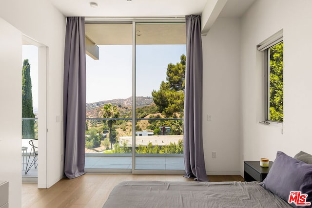 bedroom featuring a mountain view, light hardwood / wood-style flooring, and access to exterior