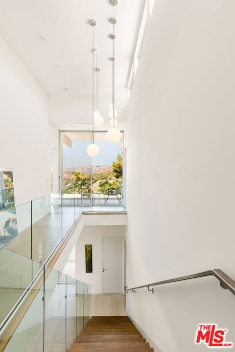 staircase with hardwood / wood-style flooring and a high ceiling