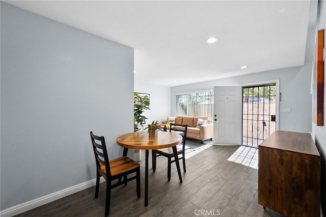 dining area with dark hardwood / wood-style flooring