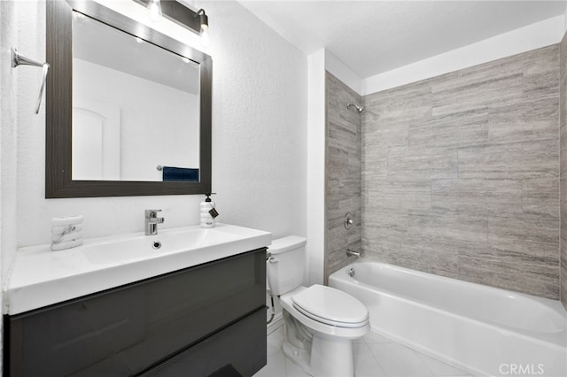 full bathroom featuring tile patterned floors, toilet, a textured ceiling, vanity, and tiled shower / bath combo