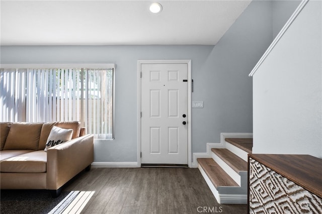 foyer entrance featuring dark hardwood / wood-style floors