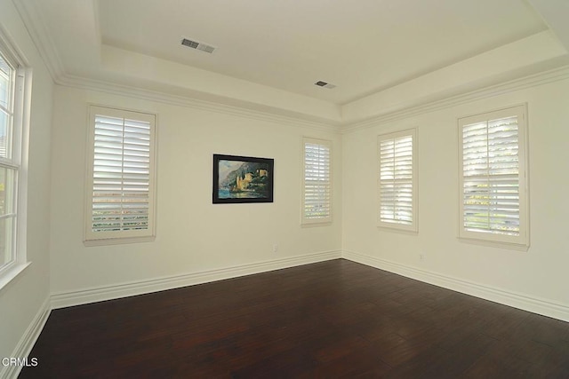 spare room with dark hardwood / wood-style flooring and a tray ceiling