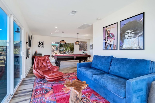 living room featuring hardwood / wood-style flooring and billiards