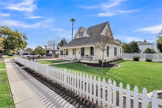 view of front facade featuring covered porch and a front lawn