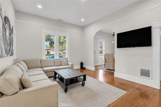 living room featuring a healthy amount of sunlight and hardwood / wood-style floors