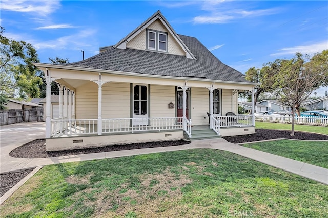 view of front of house featuring a garage, a front yard, and a porch