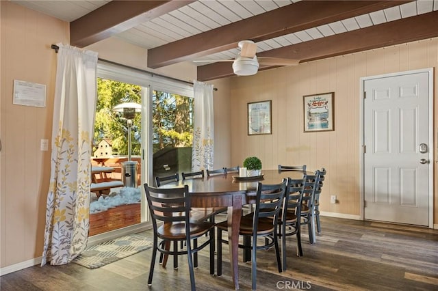 dining space with baseboards, dark wood-style flooring, and beam ceiling