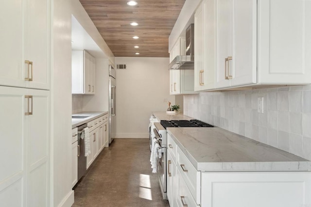 kitchen featuring high end appliances, tasteful backsplash, light stone countertops, white cabinets, and wooden ceiling