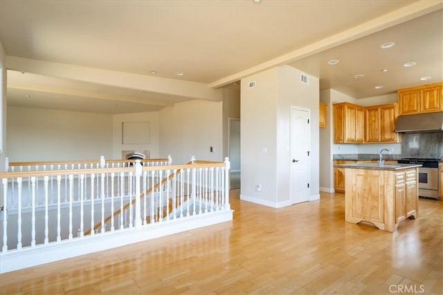 kitchen featuring sink, light hardwood / wood-style flooring, a center island with sink, stove, and backsplash