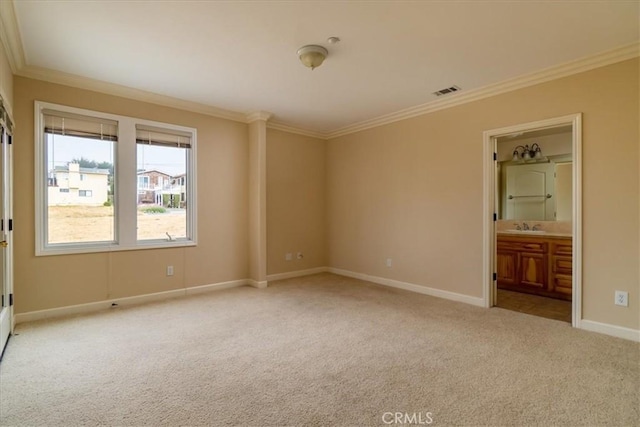 carpeted spare room with crown molding and sink