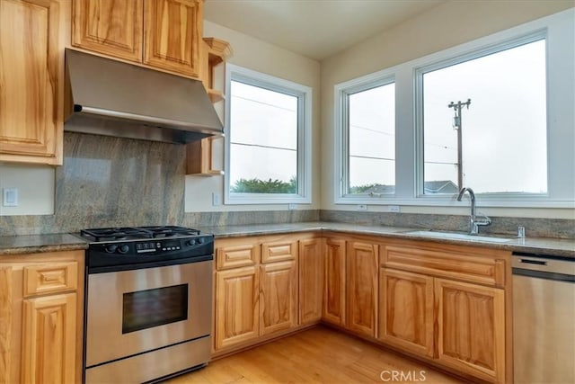 kitchen featuring sink, light hardwood / wood-style flooring, stainless steel appliances, and light stone countertops