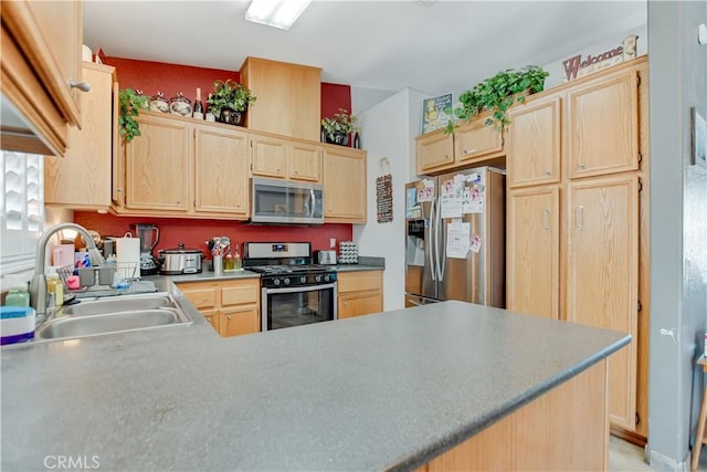 kitchen featuring stainless steel appliances, sink, and light brown cabinets