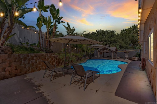 pool at dusk featuring a patio area