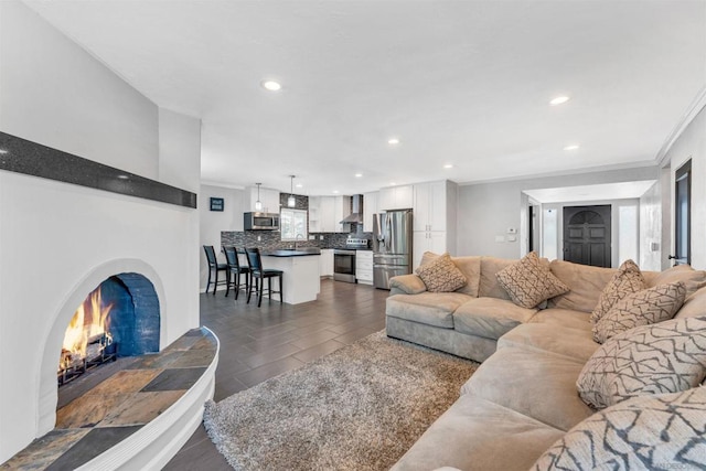 living room with ornamental molding and sink